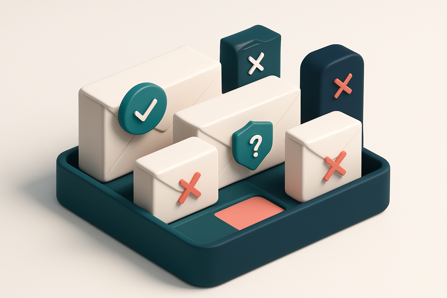 an isometric email inbox stacked with envelopes, each labeled with a checkmark (valid), an X (invalid), a shield with a