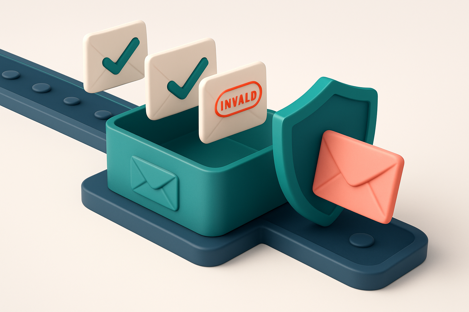 An isometric email inbox with a conveyor belt of envelopes arriving — some marked with green checkmarks, others with red