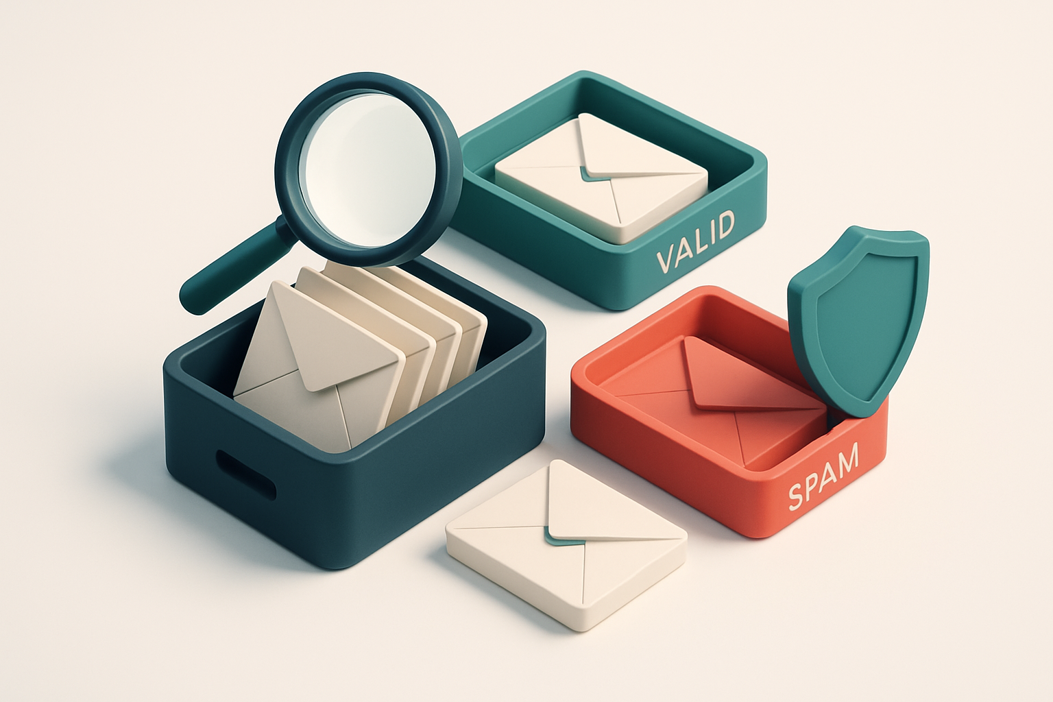 An isometric email inbox with envelopes being sorted onto a green 'valid' tray and a red 'invalid' tray, a magnifying gl