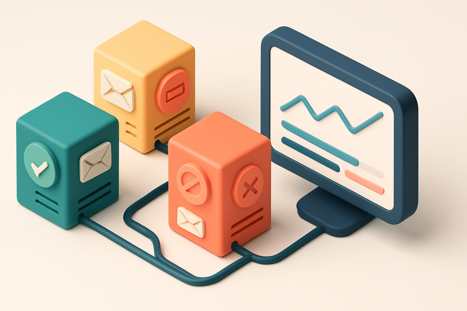 In-body 1: an isometric view of three email servers in a network — one green with a checkmark, one yellow with a 'greylisted' badge, and one red with a 'rejecte