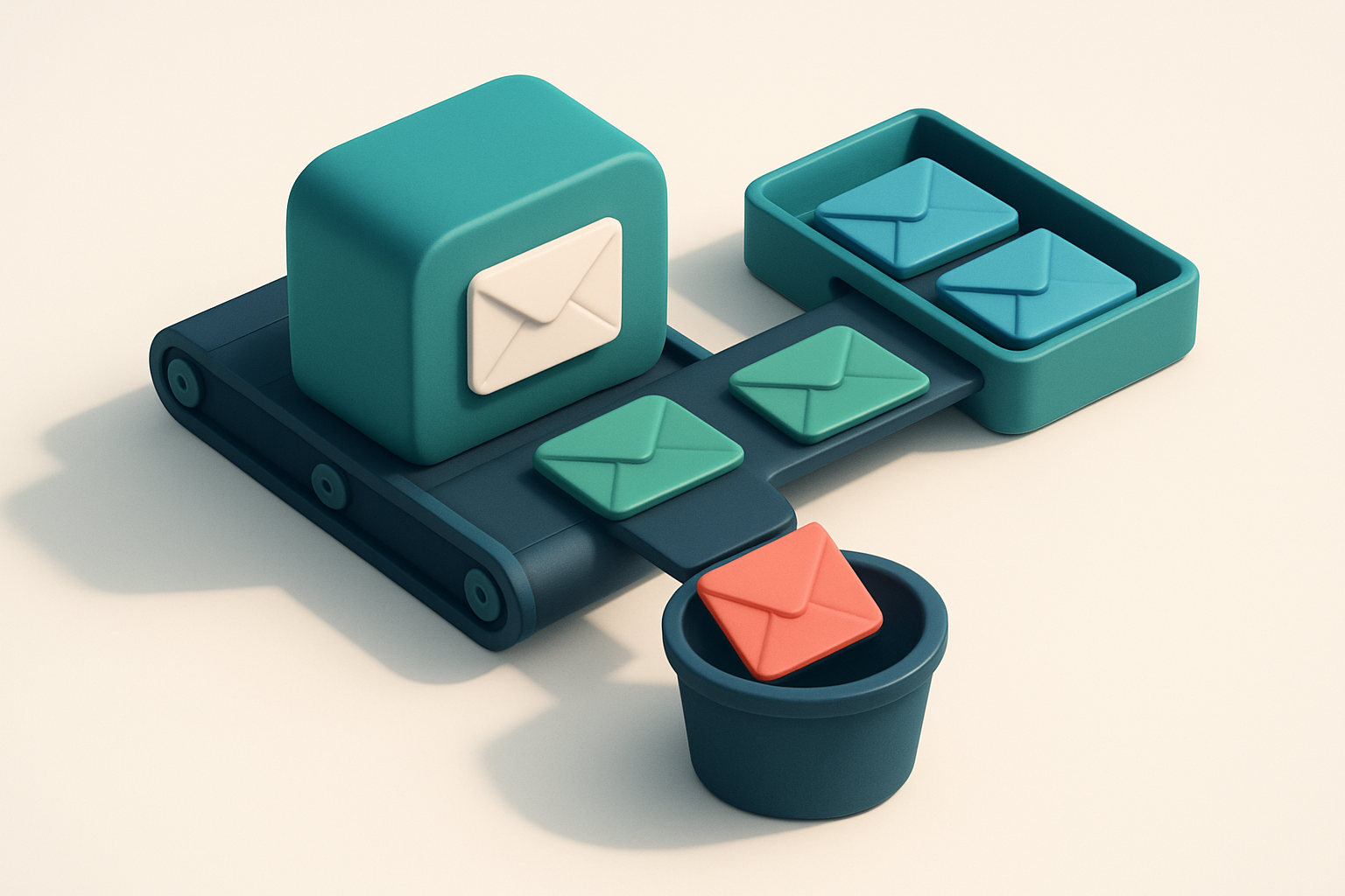 An isometric view of a digital inbox with a conveyor belt sorting envelopes: green 'valid' envelopes pass through, red '