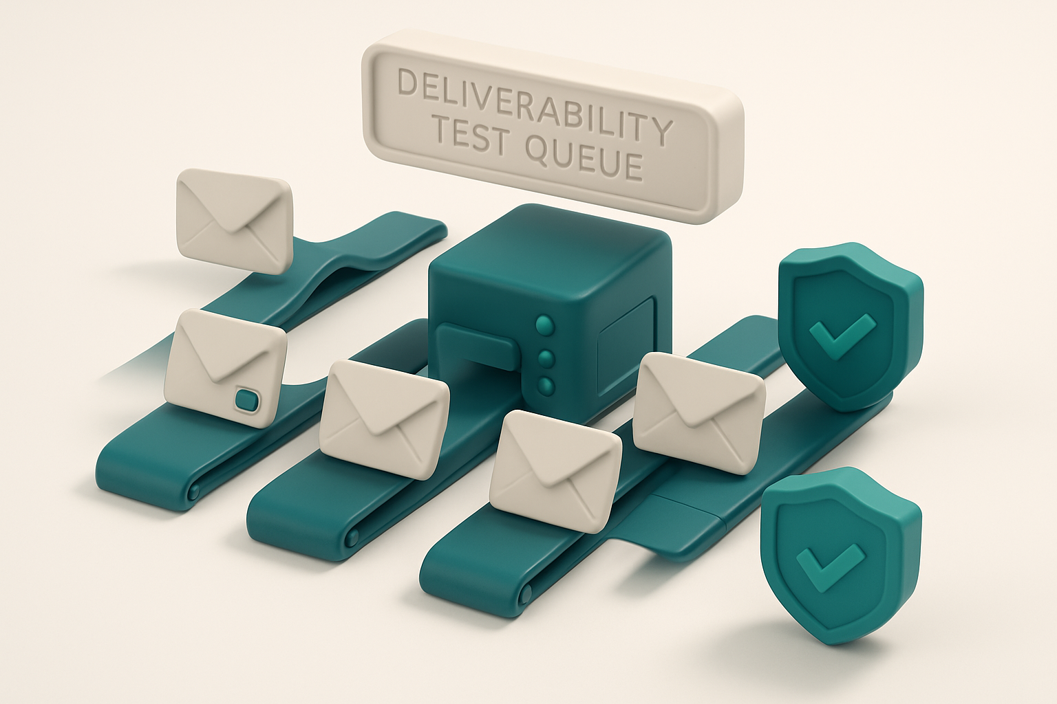 Hero: an isometric inbox labeled 'Deliverability Test Queue' with envelopes marked 'Valid', 'Spam', 'Bounced', and 'Risk