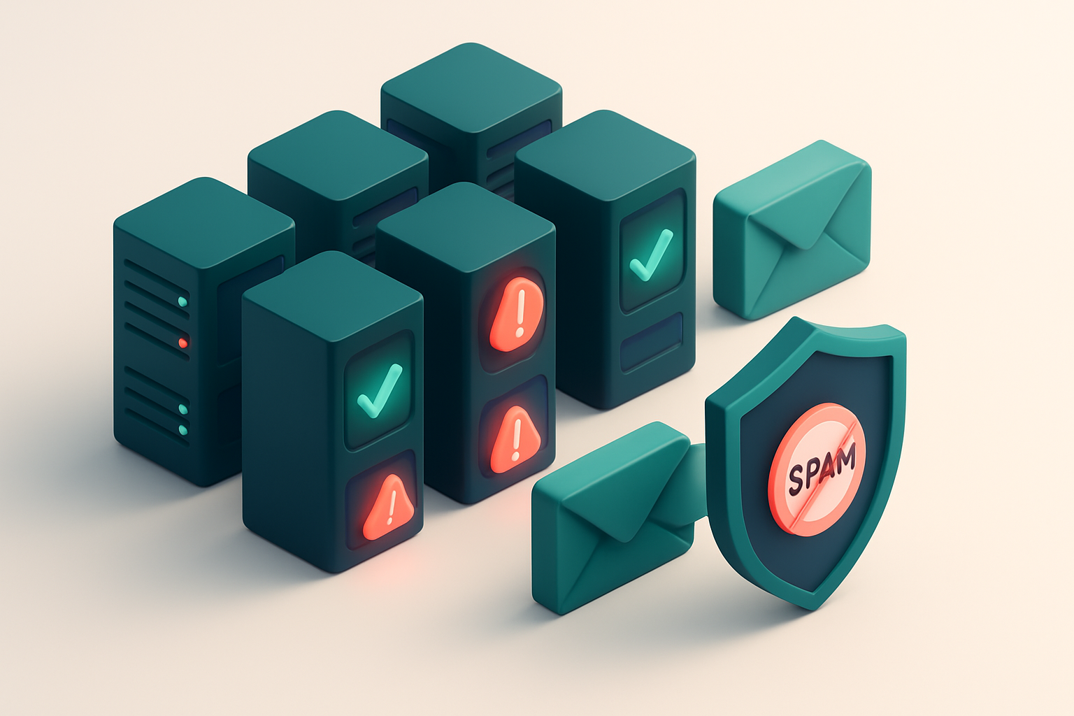 An isometric email server farm with glowing red warning signs on some servers, green checkmarks on others, and a digital