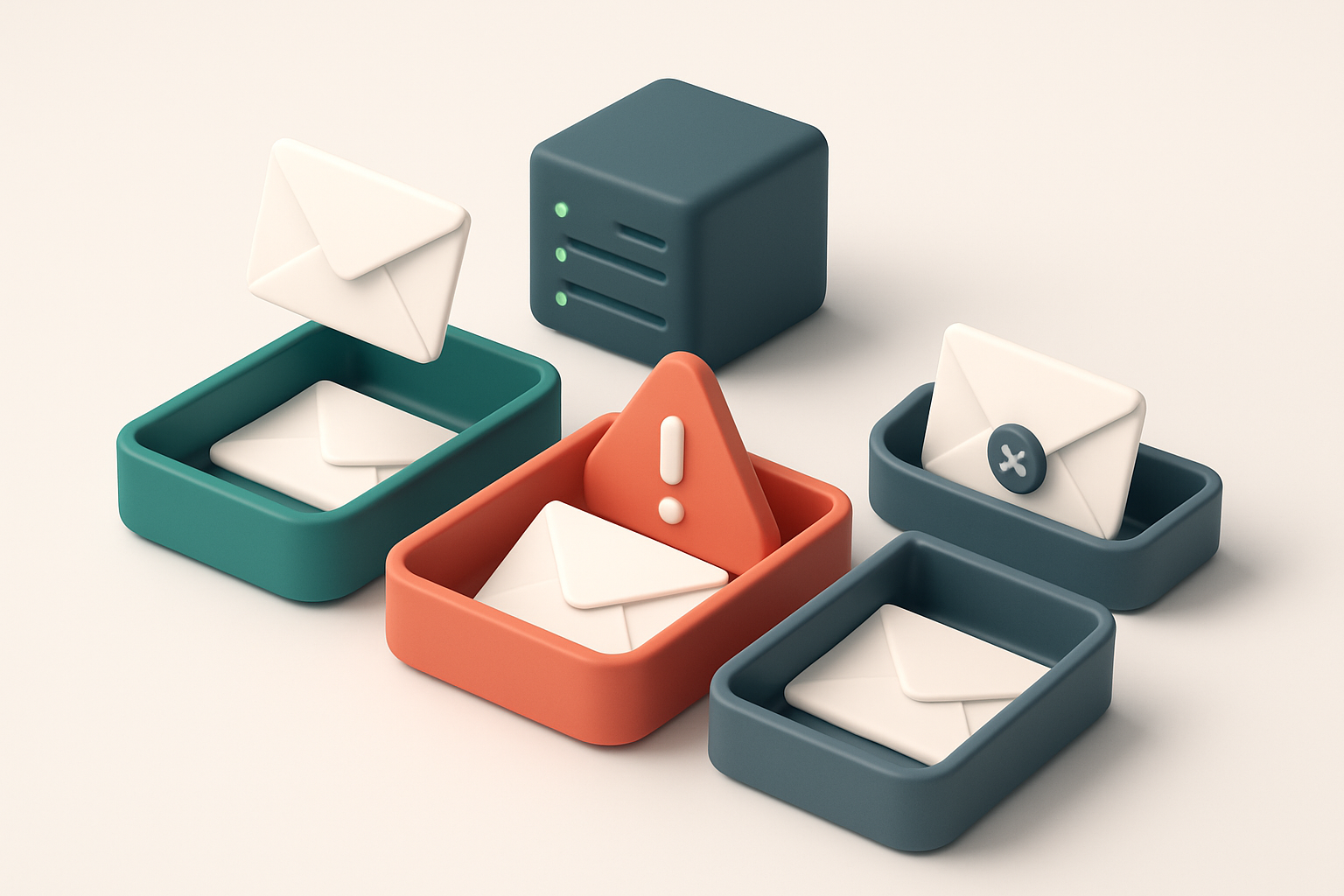An isometric inbox with envelopes being sorted into three trays: a green 'in inbox' tray, a red 'spam' tray with a warni