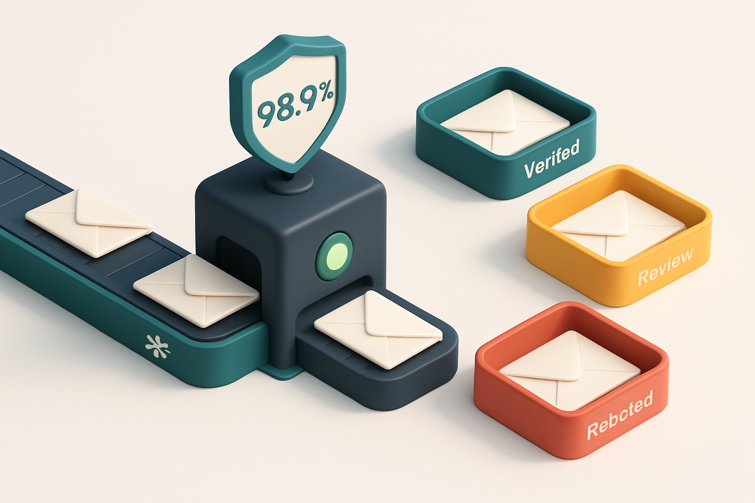 An isometric scene showing a Zapier workflow conveyor belt with emails as envelopes flowing through a validation station