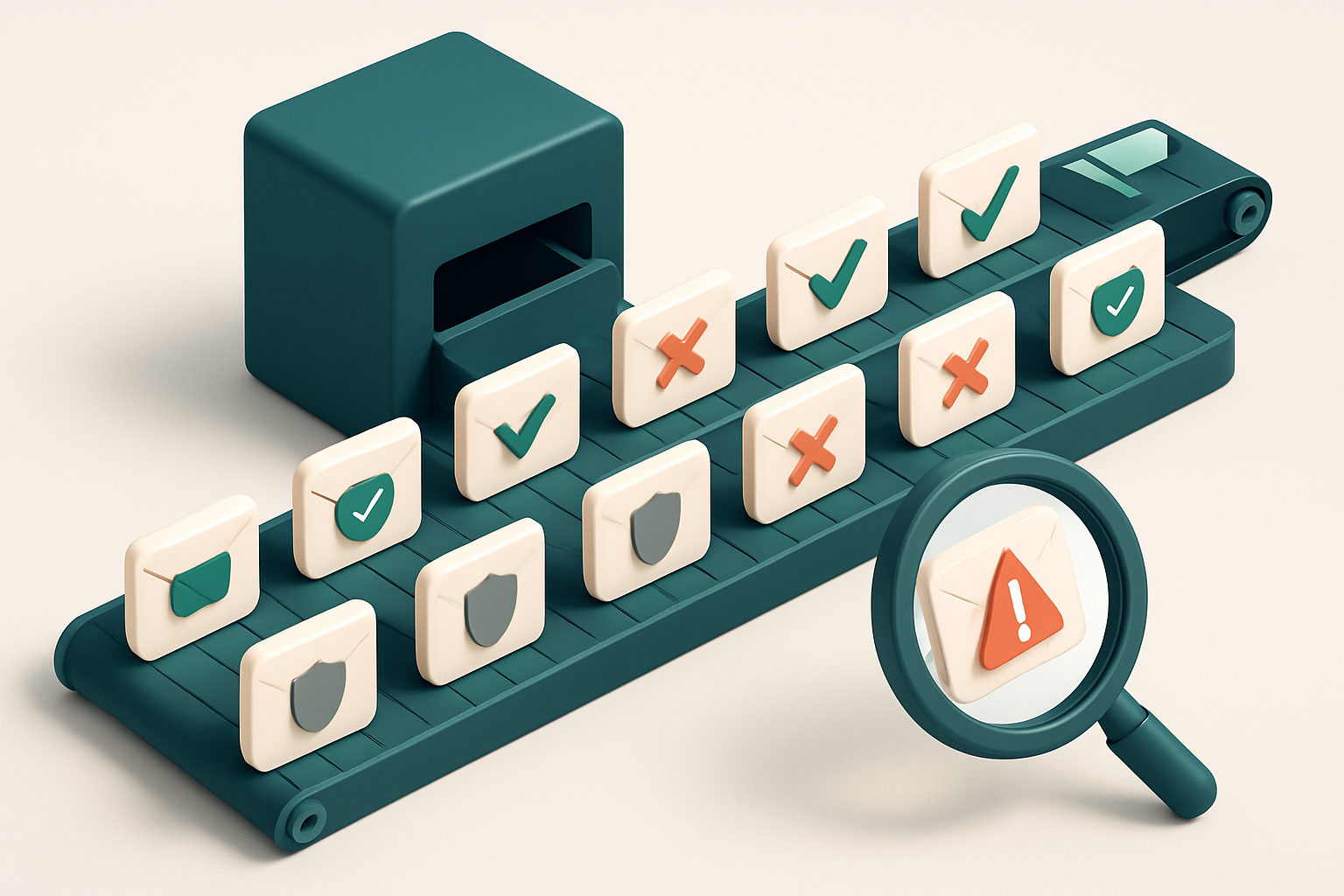 An isometric inbox server farm with a conveyor belt feeding 10 distinct email boxes: 5 show 'delivered' with checkmarks,
