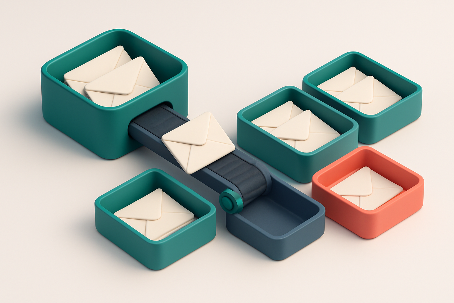An isometric inbox with envelopes labeled 'valid', 'catch-all', 'risky', and 'invalid' being sorted by a mechanical conv