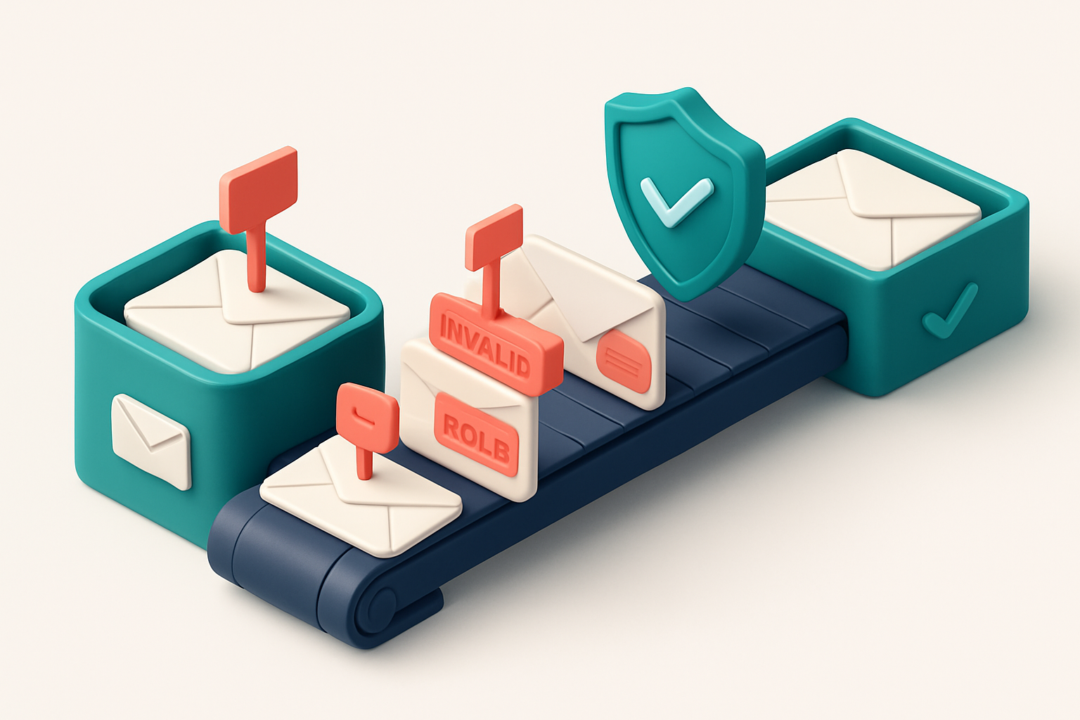 An isometric inbox with a conveyor belt feeding envelopes labeled with email addresses; some envelopes are flagged red w
