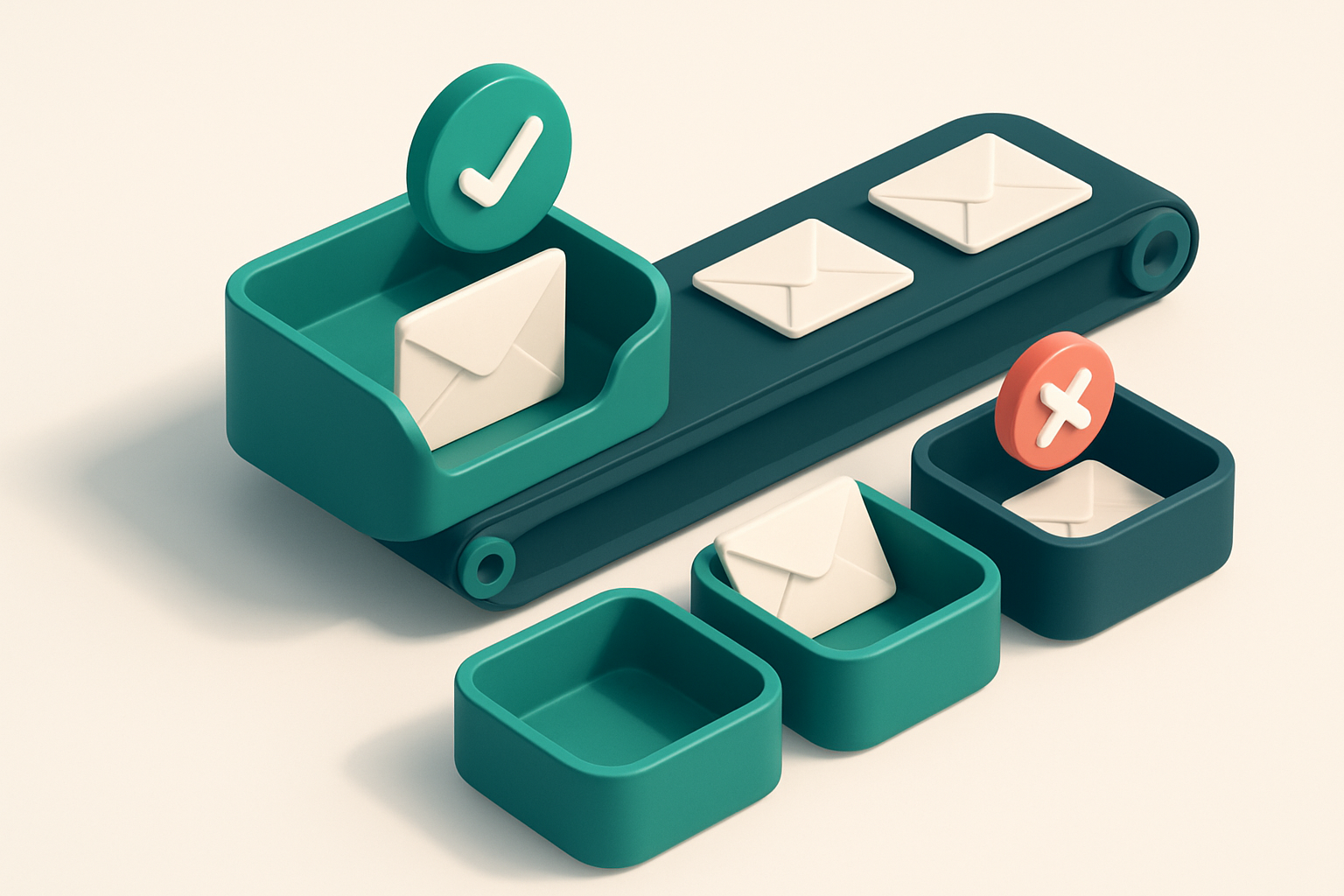 An isometric inbox with envelopes labeled 'Valid', 'Risky', 'Catch-all', and 'Invalid' being sorted by a conveyor belt i