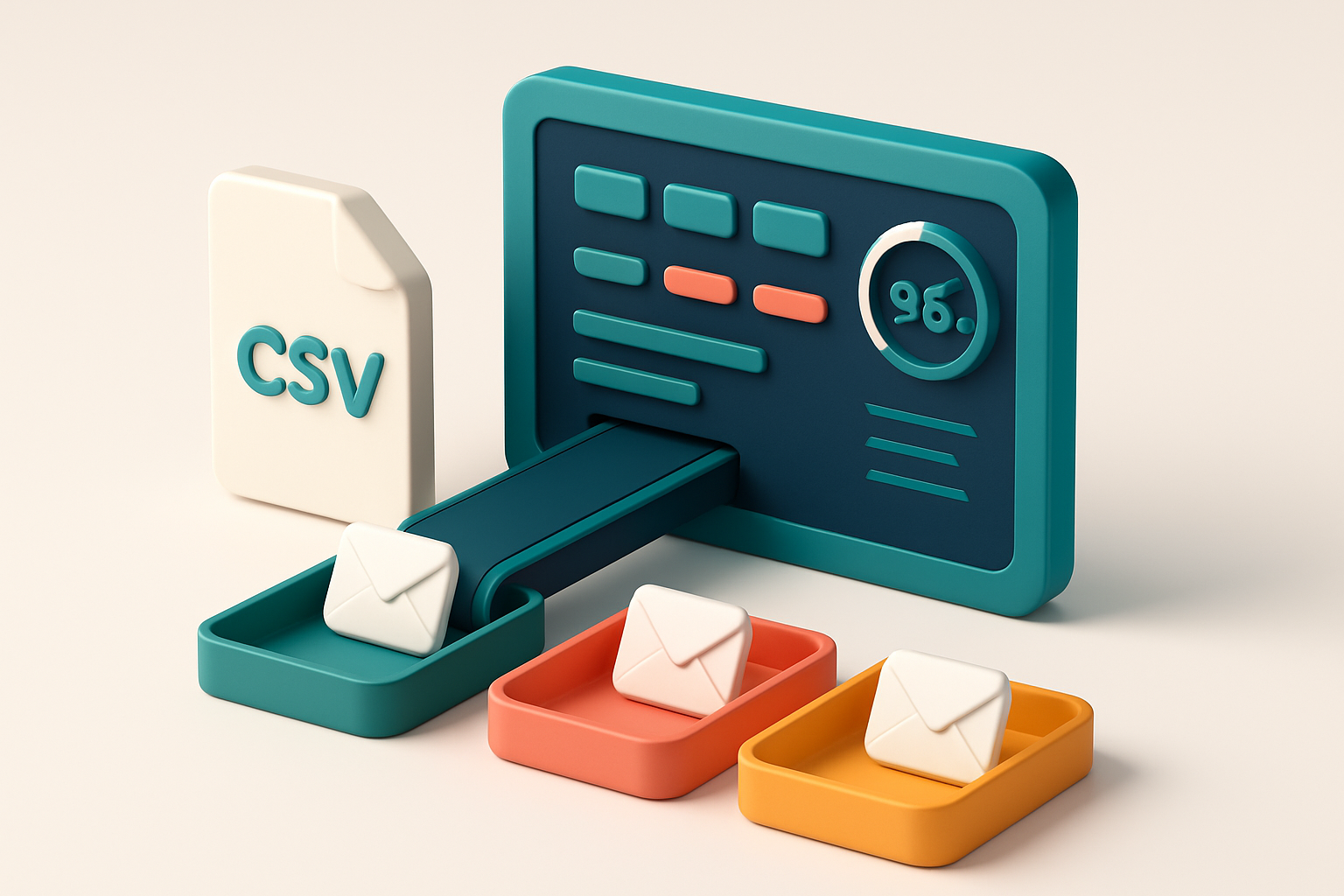 An isometric dashboard interface with a large CSV file feeding into a conveyor belt, sorting emails into three trays: gr