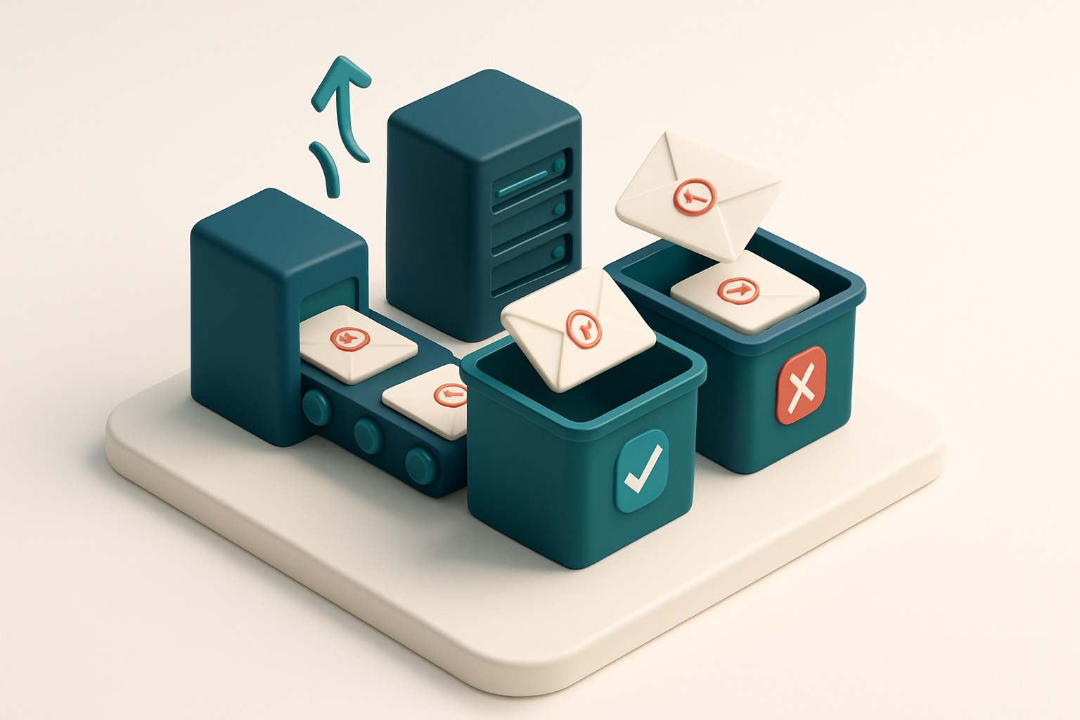 An isometric dashboard showing a conveyor belt of stamped envelopes moving toward a green 'Valid' bin and a red 'Invalid
