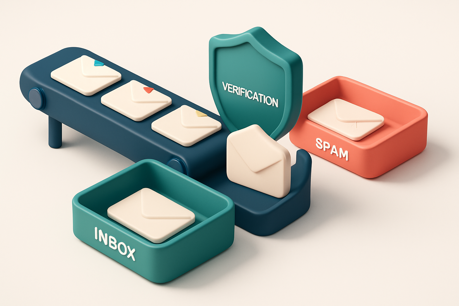 An isometric illustration of a 3D conveyor belt with envelopes labeled 'valid,' 'invalid,' 'catch-all,' and 'risky' movi