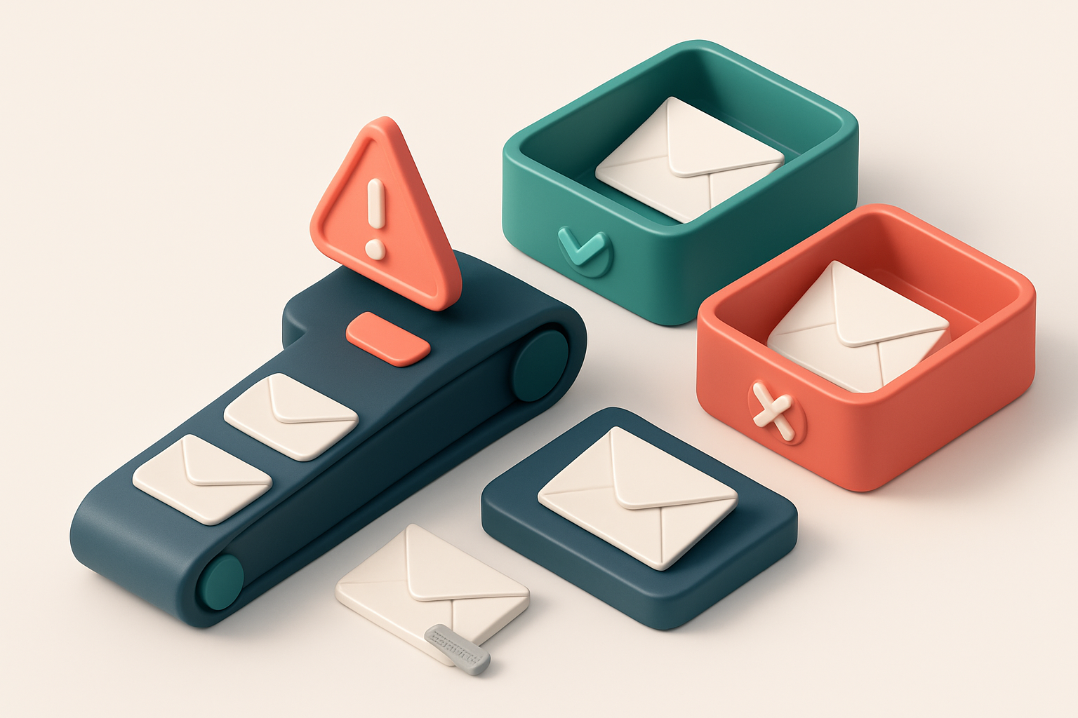 An isometric email inbox with envelopes being sorted into a green 'valid' tray and a red 'invalid' tray, a conveyor belt