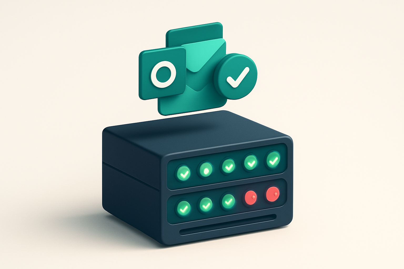 Hero: an isometric email server rack with glowing green 'delivered' lights on each outlet, red 'blocked' lights on other