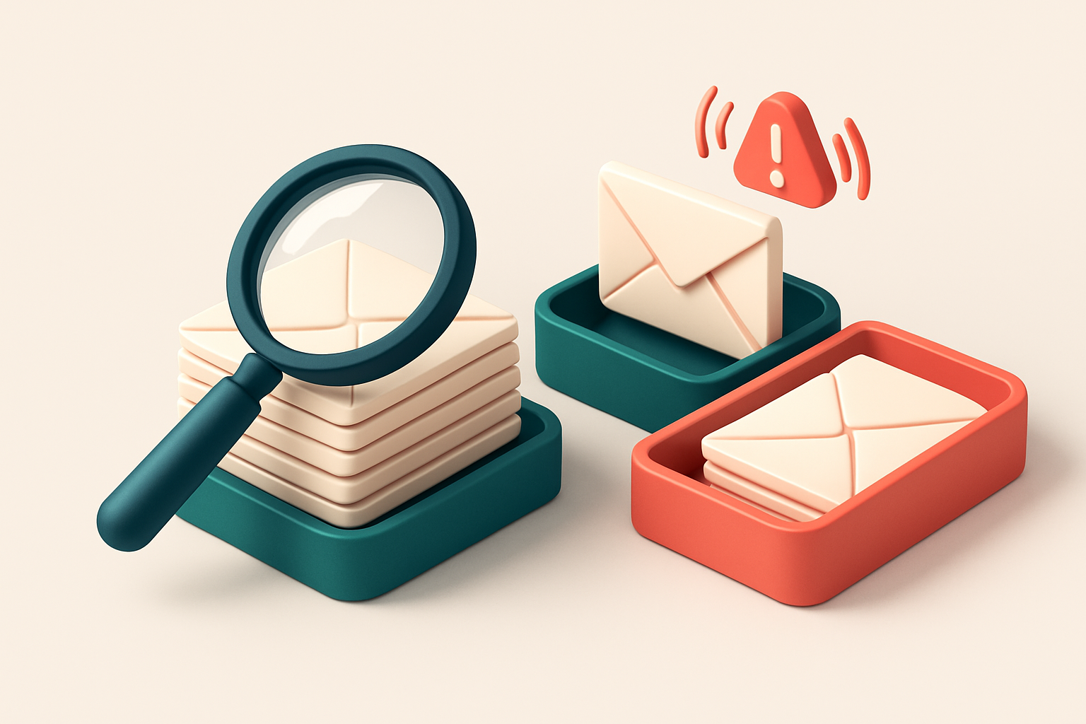 an isometric email inbox with envelopes being sorted onto a green 'valid' tray and a red 'invalid' tray, a magnifying gl