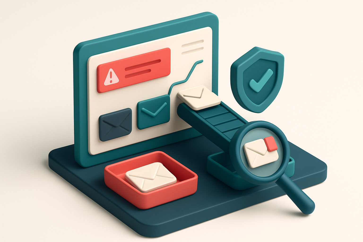 An isometric view of a SaaS dashboard with a red 'Deliverability Risk' alert, a conveyor belt feeding emails into a shie
