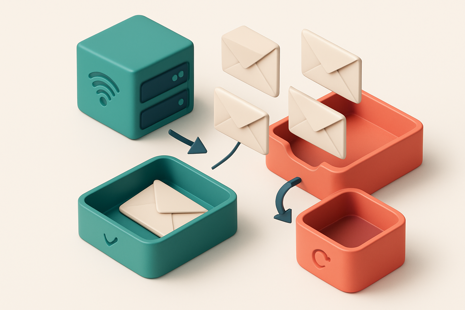 An isometric inbox with envelopes labeled 'admin@', 'support@', and 'info@' being directed to a red 'risky' tray, while