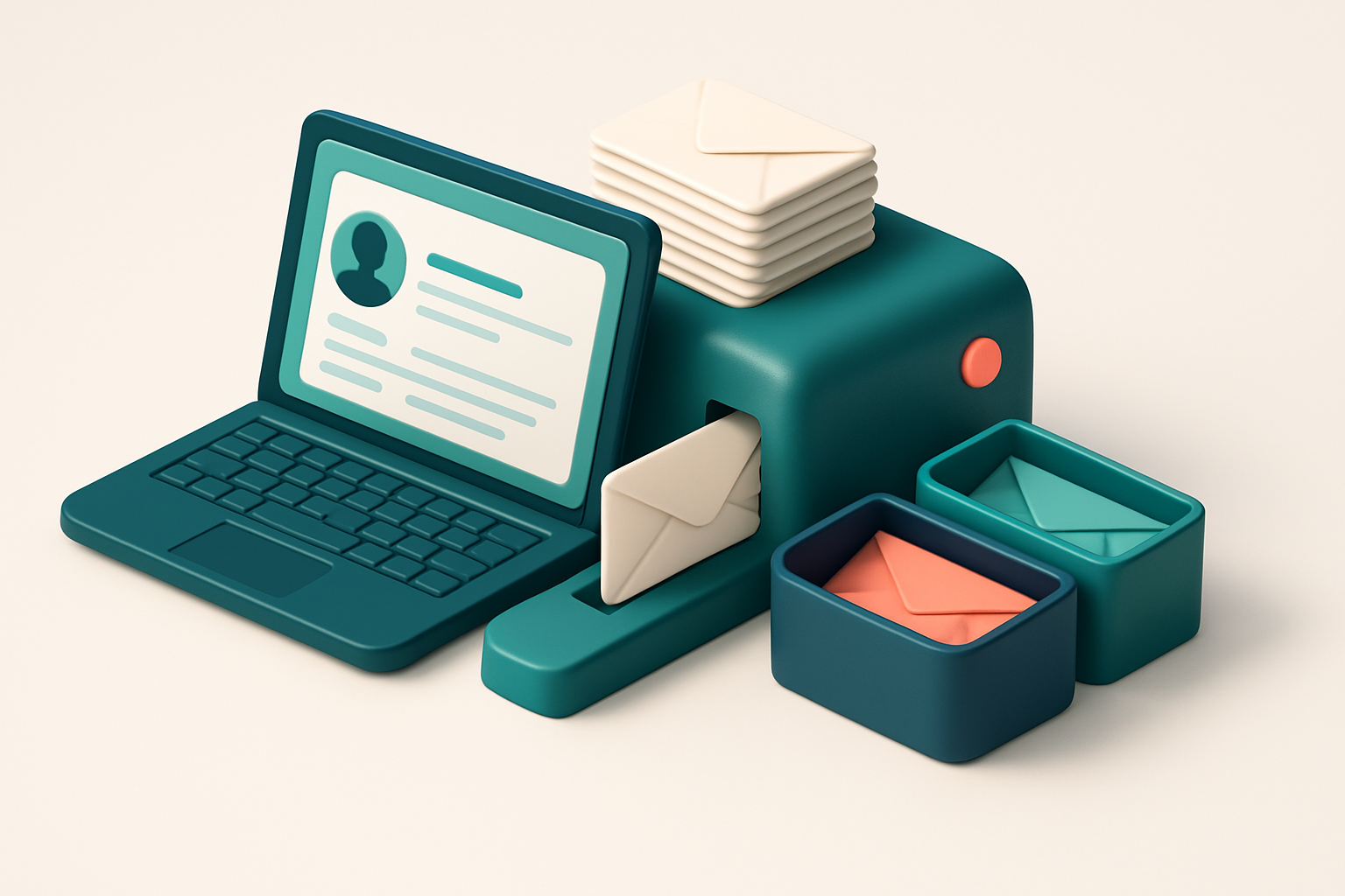 An isometric workstation showing a laptop with a LinkedIn profile open, next to a stack of envelopes labeled 'scraped em