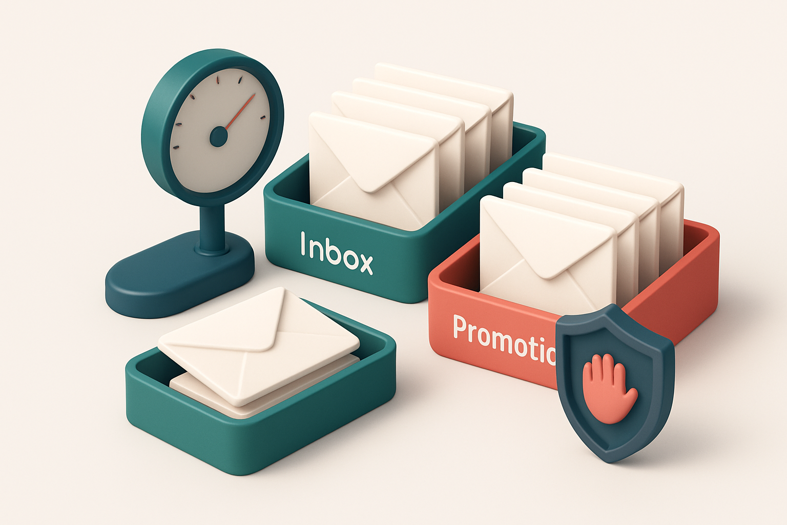 an isometric email inbox with two labeled trays: one green with envelopes marked 'Inbox', the other red with envelopes m