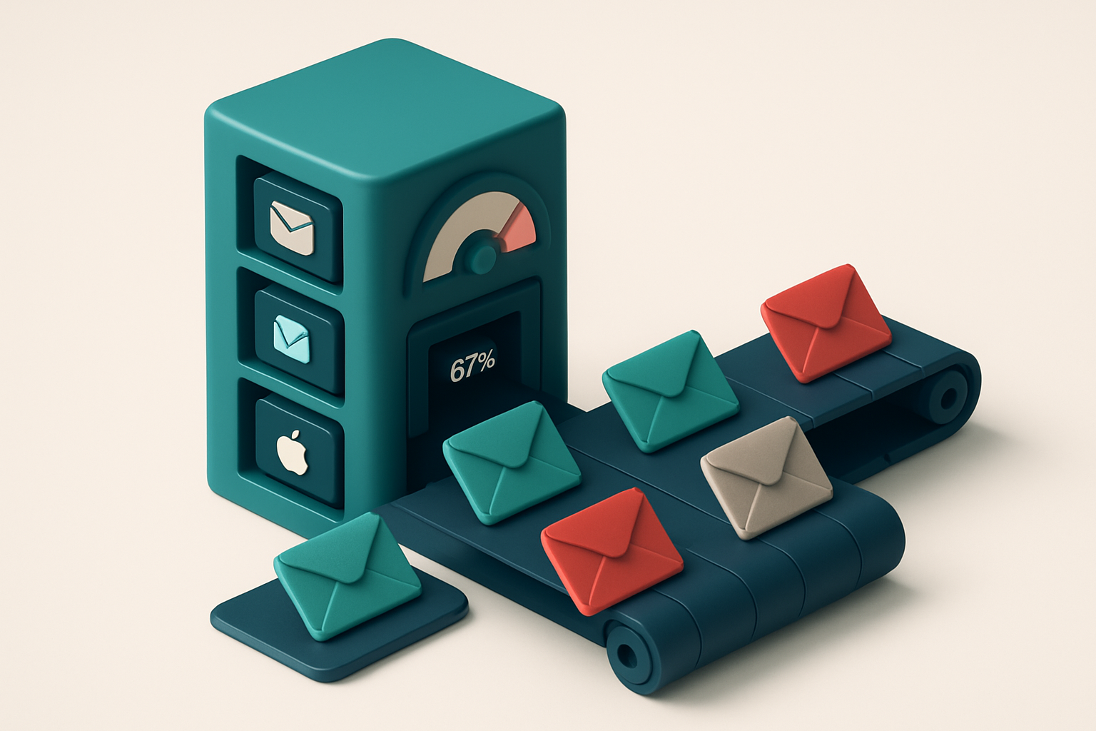 An isometric email server rack with labeled mailboxes (Gmail, Outlook, Yahoo, Apple) and a conveyor belt delivering enve