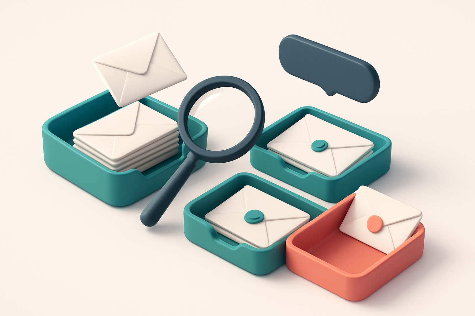 An isometric email inbox with envelopes being sorted onto a green 'valid' tray and a red 'risky' tray, a magnifying glas