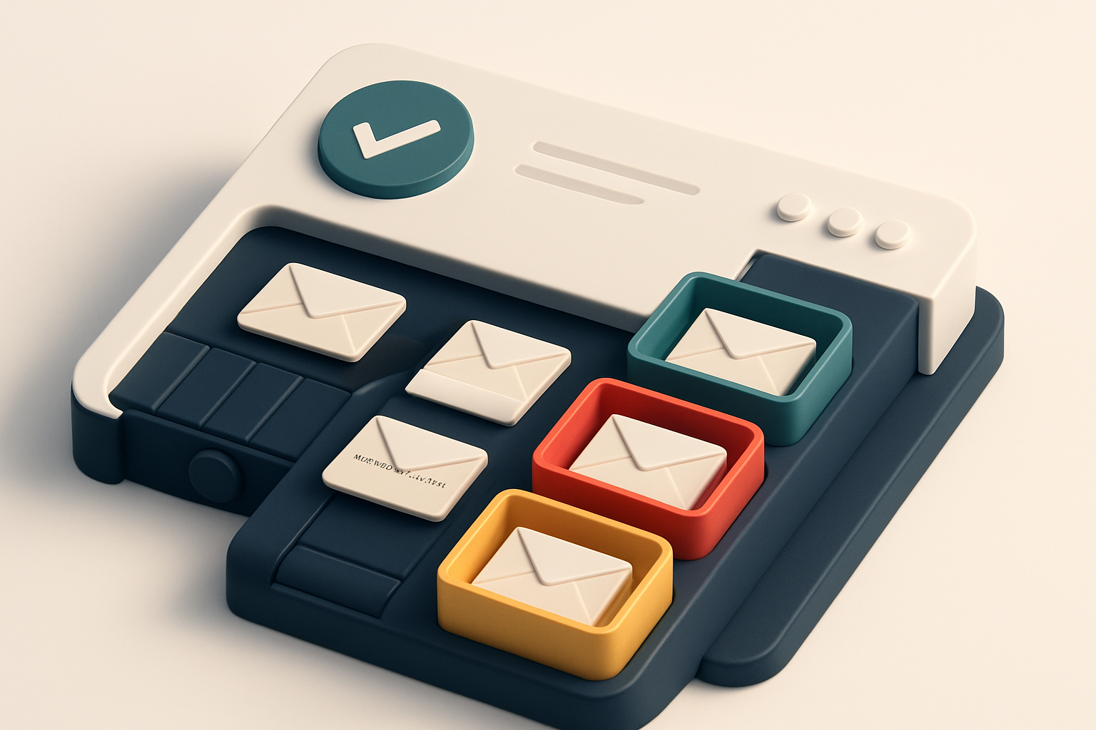 an isometric dashboard showing a green 'Valid' tray, a red 'Invalid' tray, and a yellow 'Risky' tray, with envelopes mov