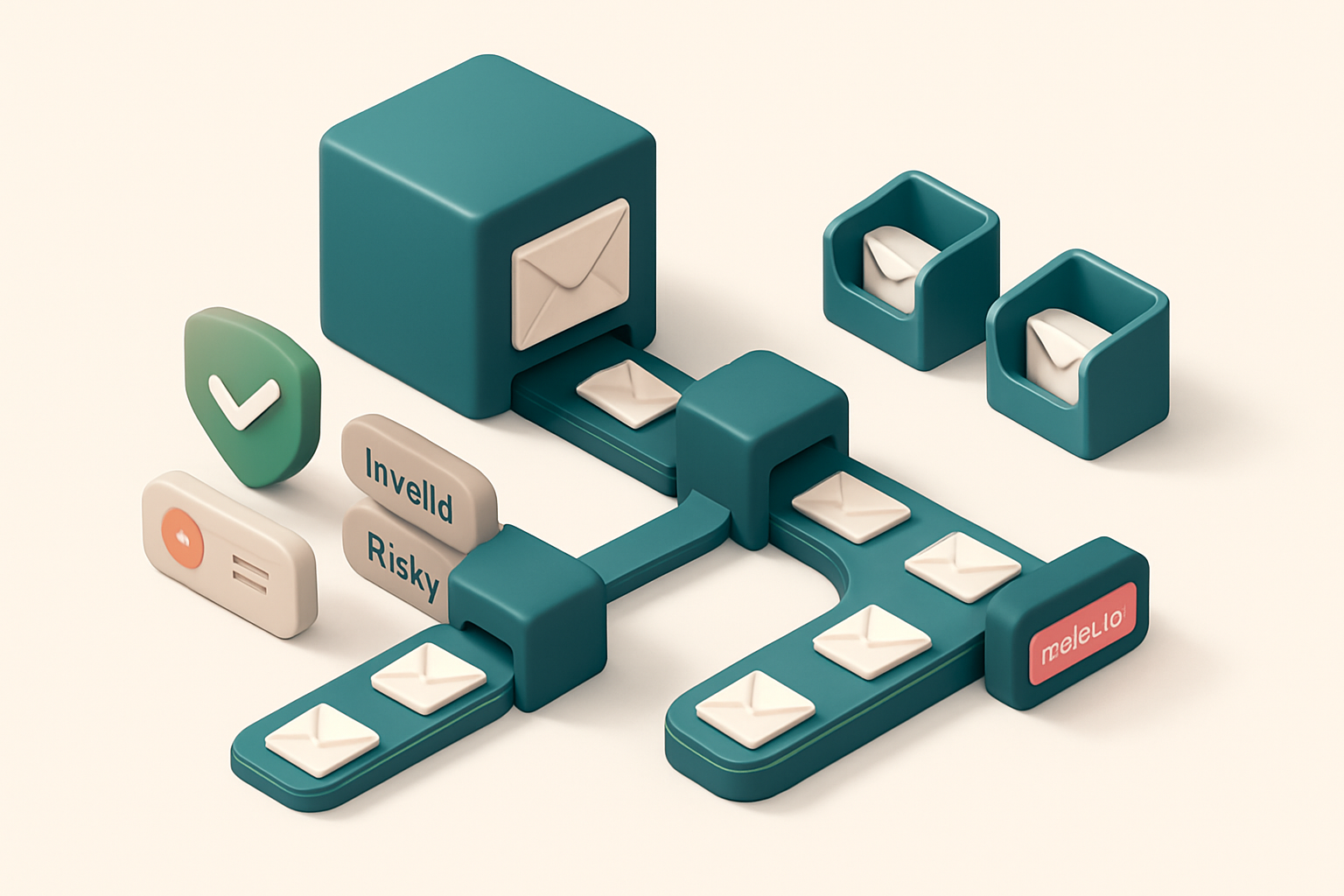 An isometric email server with two parallel delivery paths: one labeled 'Postmark' and the other 'SendGrid', each feedin