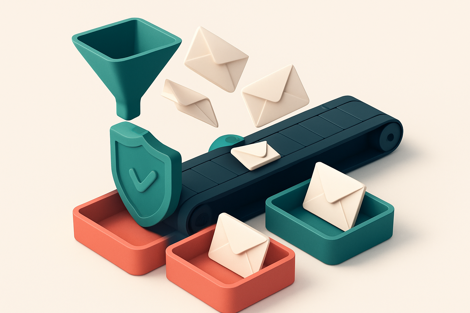 an isometric inbox with envelopes flying in from a funnel labeled 'unverified list,' sorted into two trays: a red 'inval