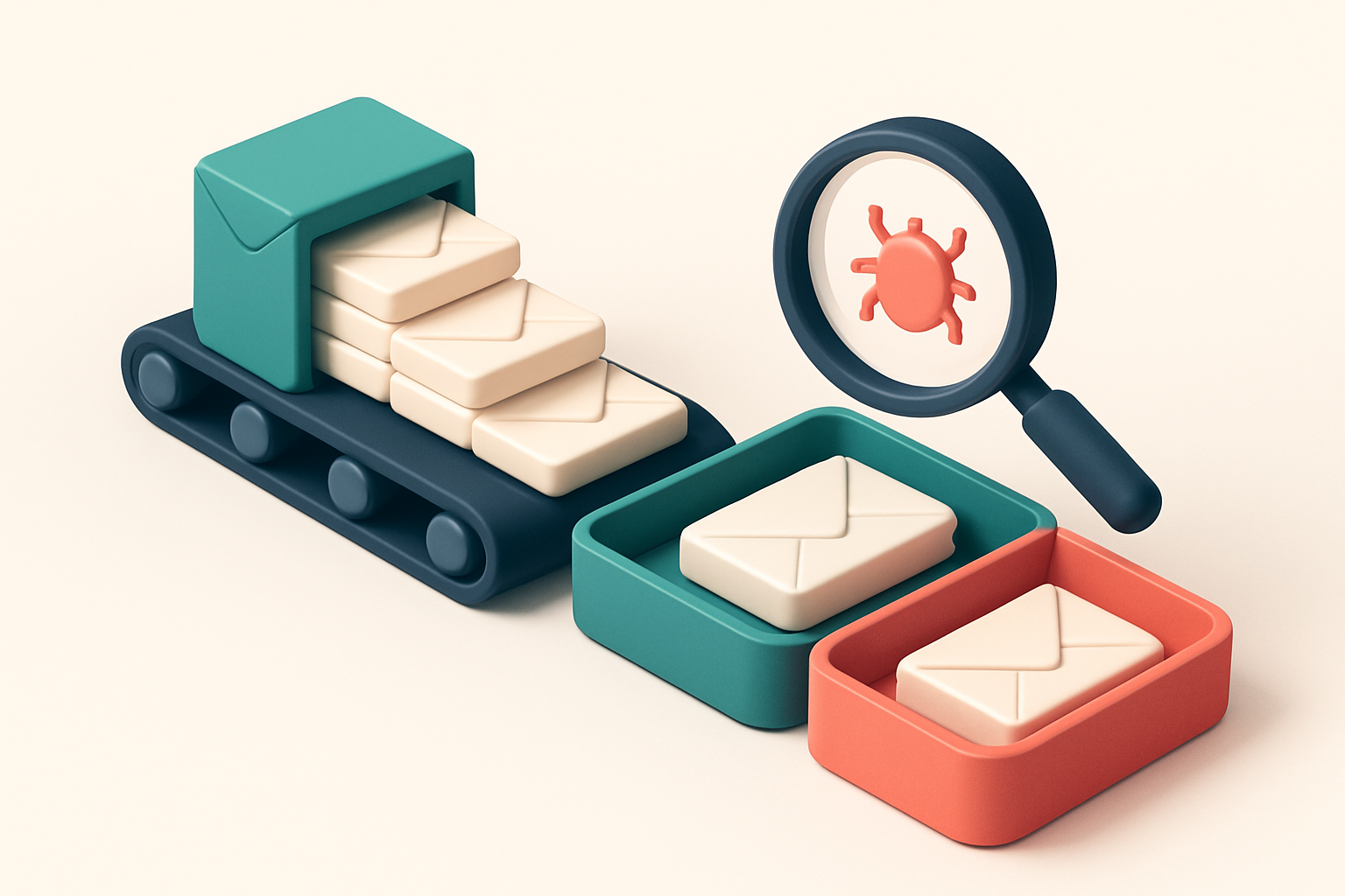 An isometric email inbox with envelopes stacked on a conveyor belt, moving toward two trays: one green labeled 'Valid' a