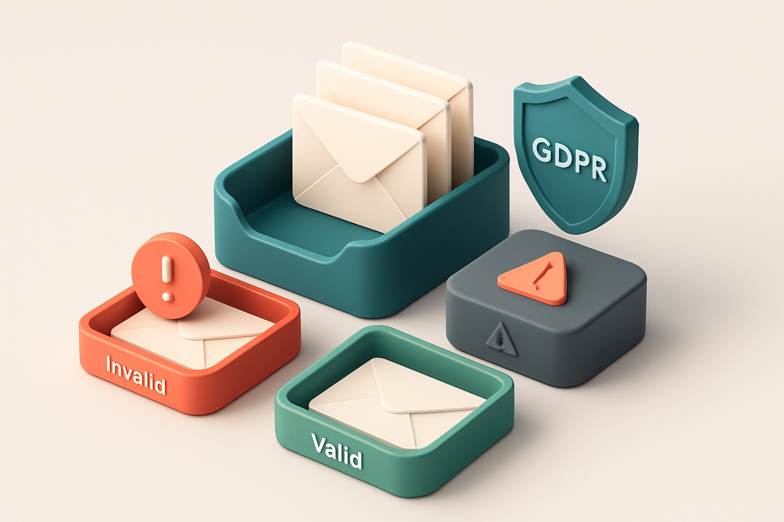 An isometric email inbox stacked with physical envelopes, each labeled with an email address. A green 'Valid' tray recei