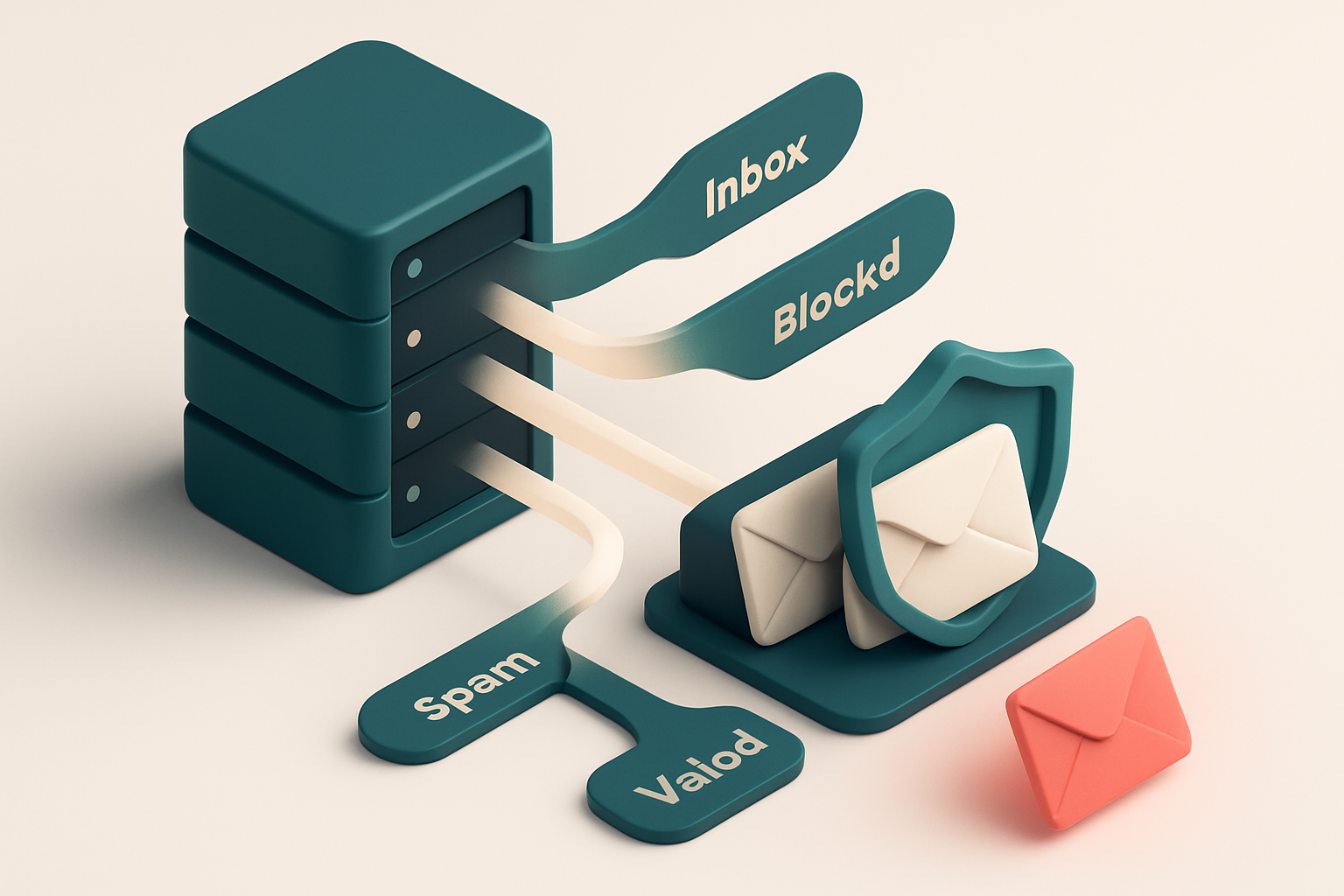 An isometric illustration of a server rack emitting light beams that split into paths labeled 'Inbox', 'Spam', and 'Bloc