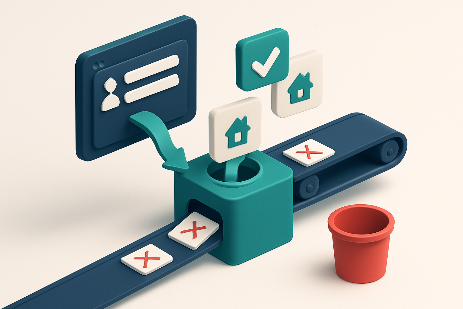 An isometric dashboard showing a data stream flowing from a web form into a central validation hub, with green checkmark