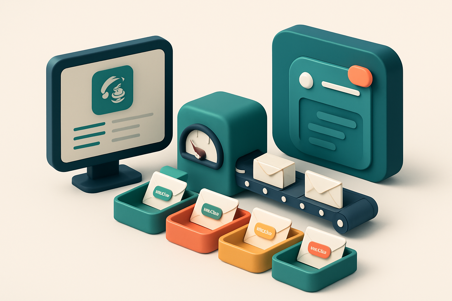An isometric illustration of a Mailchimp dashboard connected to a MailTester verification engine, with an email inbox in