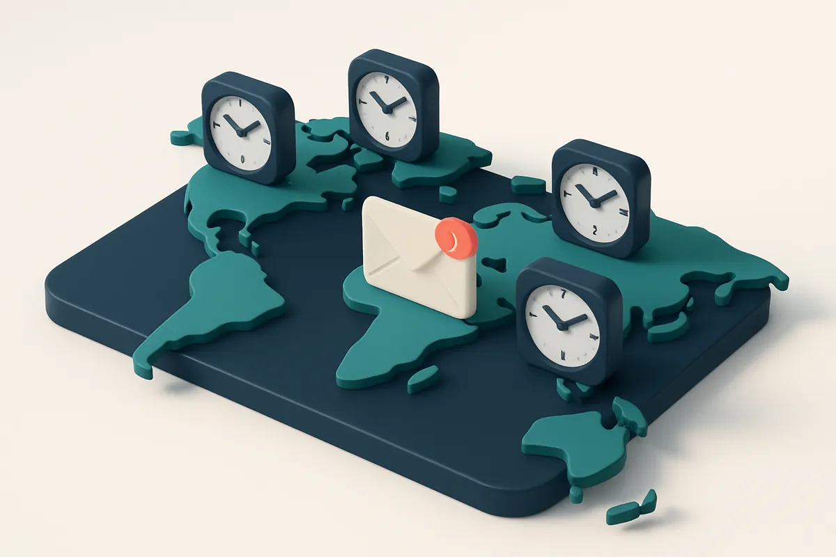 Hero: An isometric world map with various digital clocks across different cities, illustrating global time zones affecti