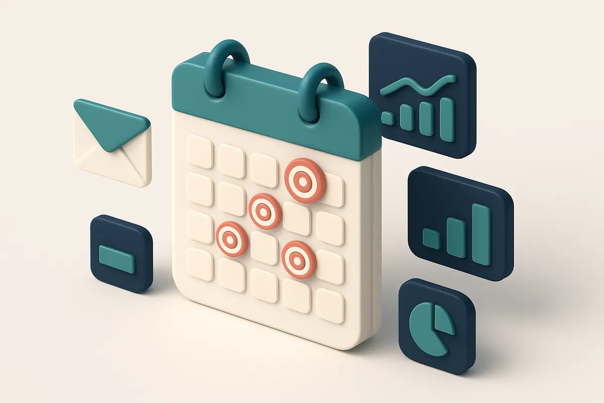 Hero: An isometric calendar with various days marked as targets, surrounded by email icons and data charts representing