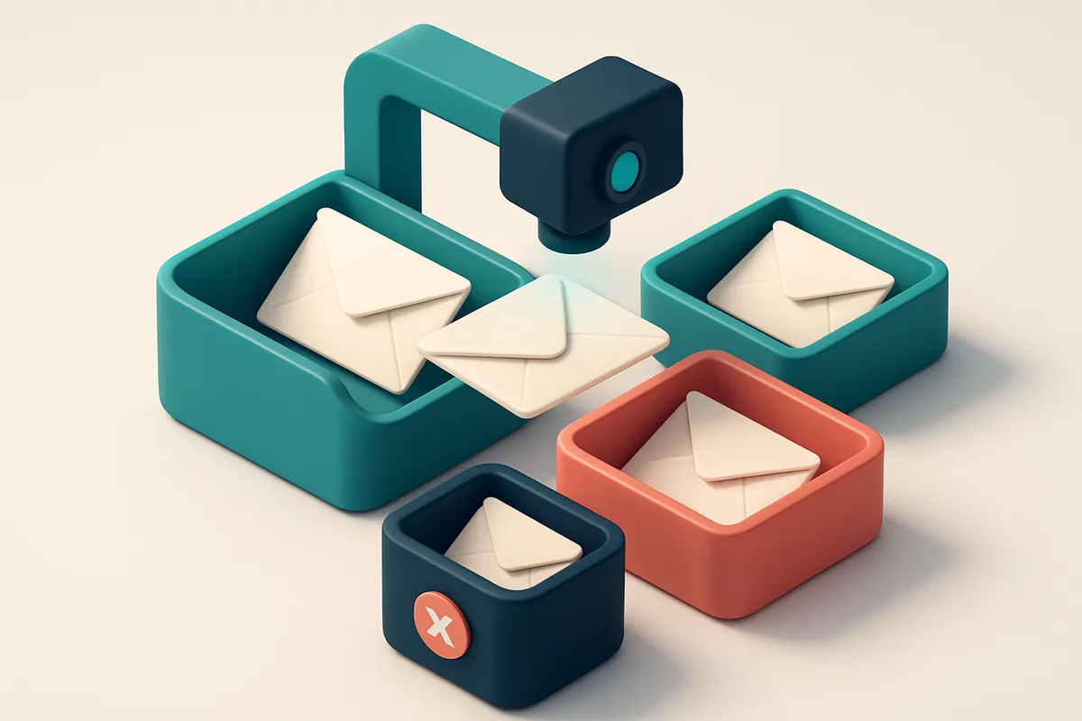 Hero: an isometric inbox with envelopes being sorted into green 'valid' trays, and red 'invalid' bins, with a mechanized