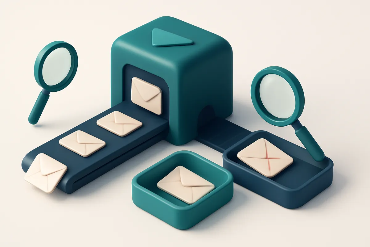 Hero: an isometric email delivery system with envelopes moving through a futuristic conveyor belt leading to distinct 'v