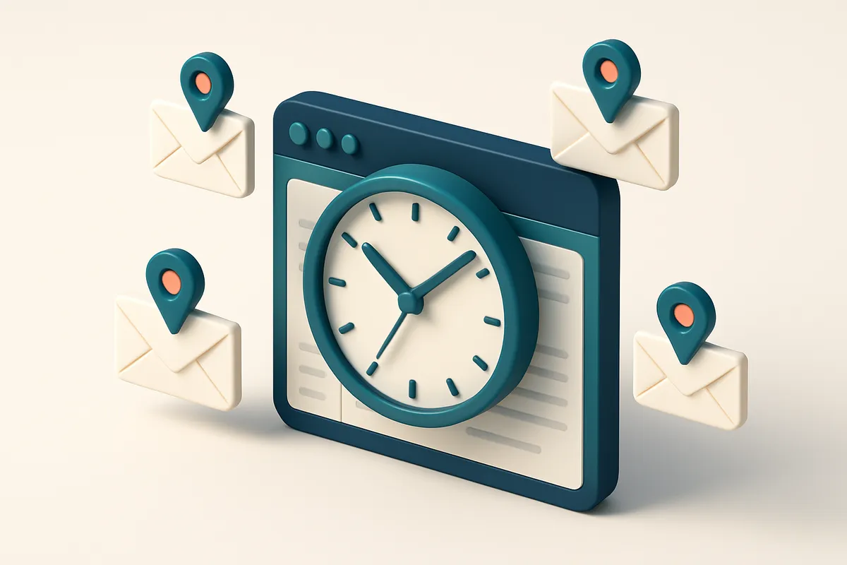 Hero: an isometric scene showing a clock integrated into an email dashboard, surrounded by email icons symbolizing diffe