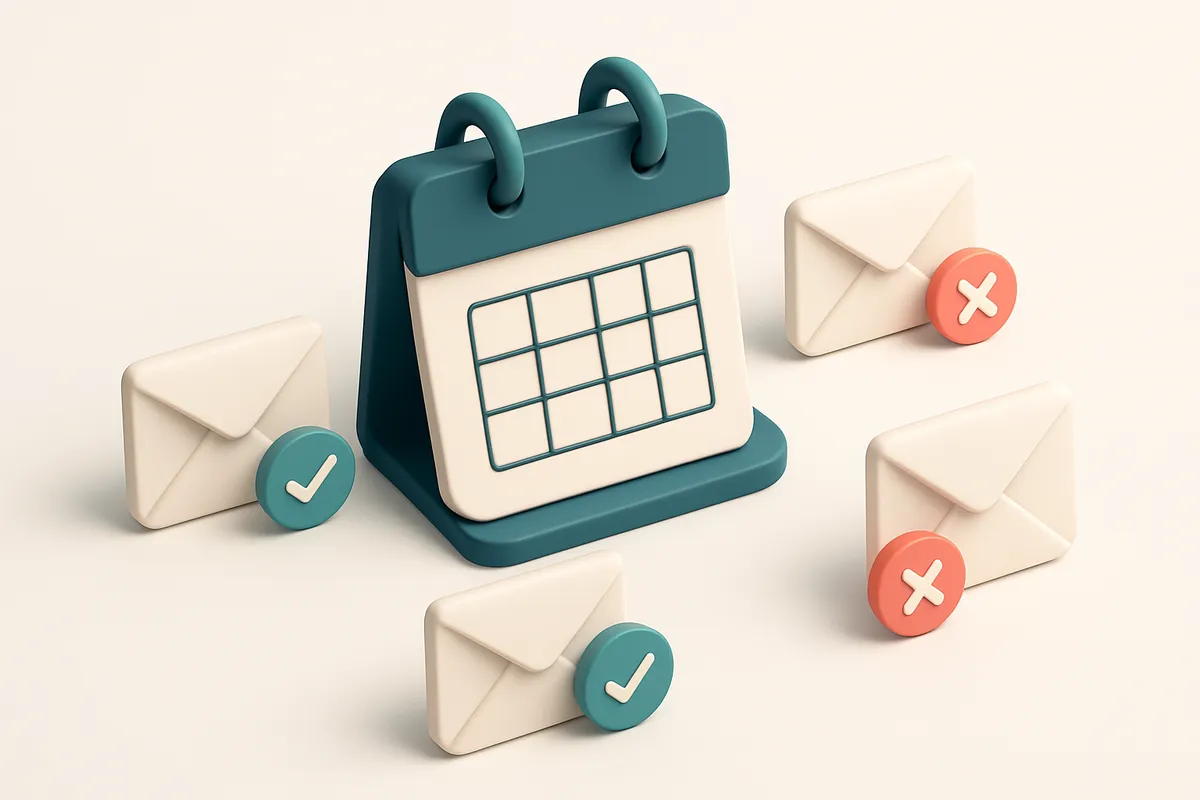 Hero: an isometric view of a digital calendar page displaying May, surrounded by email envelopes with green checkmarks a