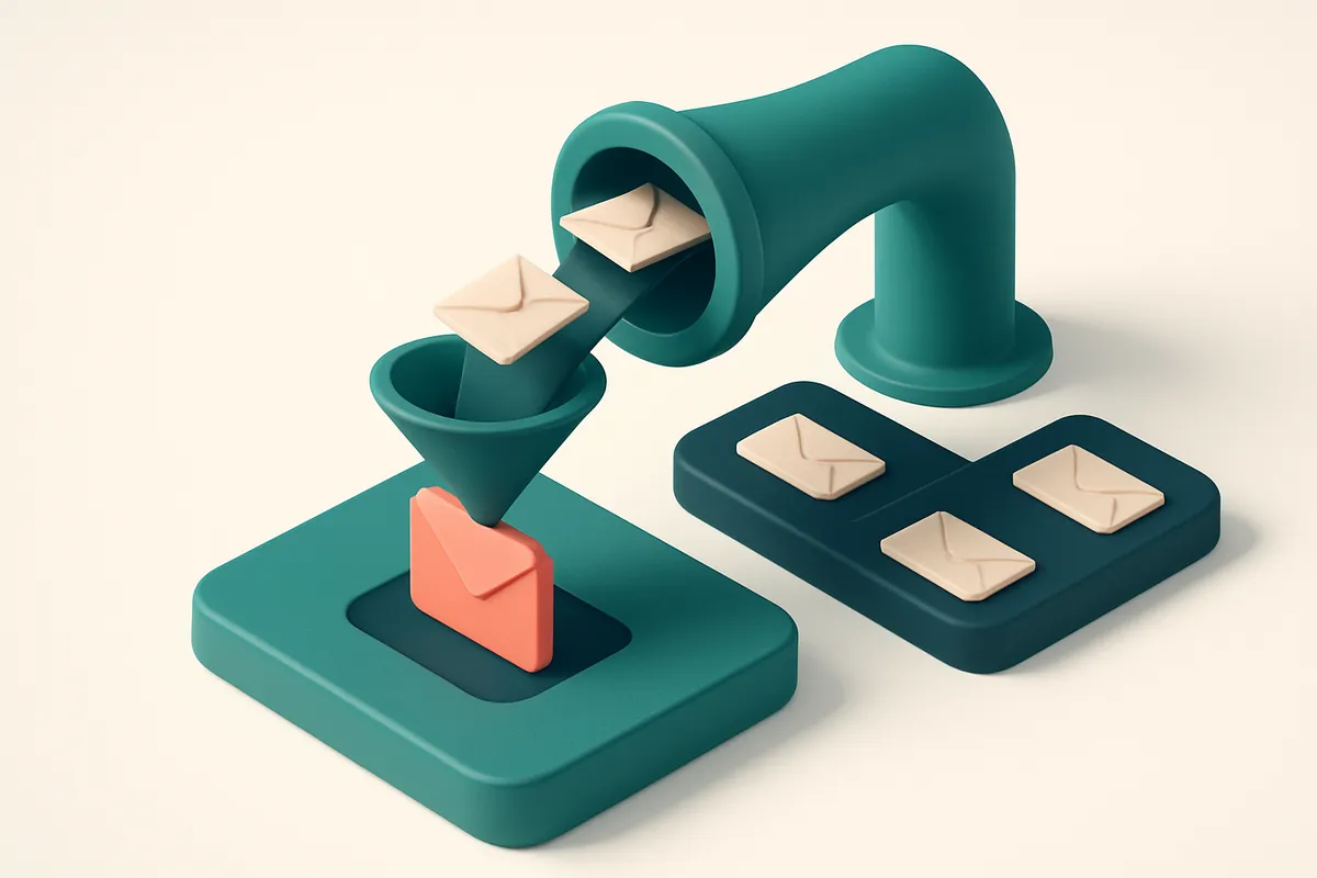 Hero: an isometric email interface with envelopes flowing through a networking tunnel labeled as 'SMTP', showcasing a fu