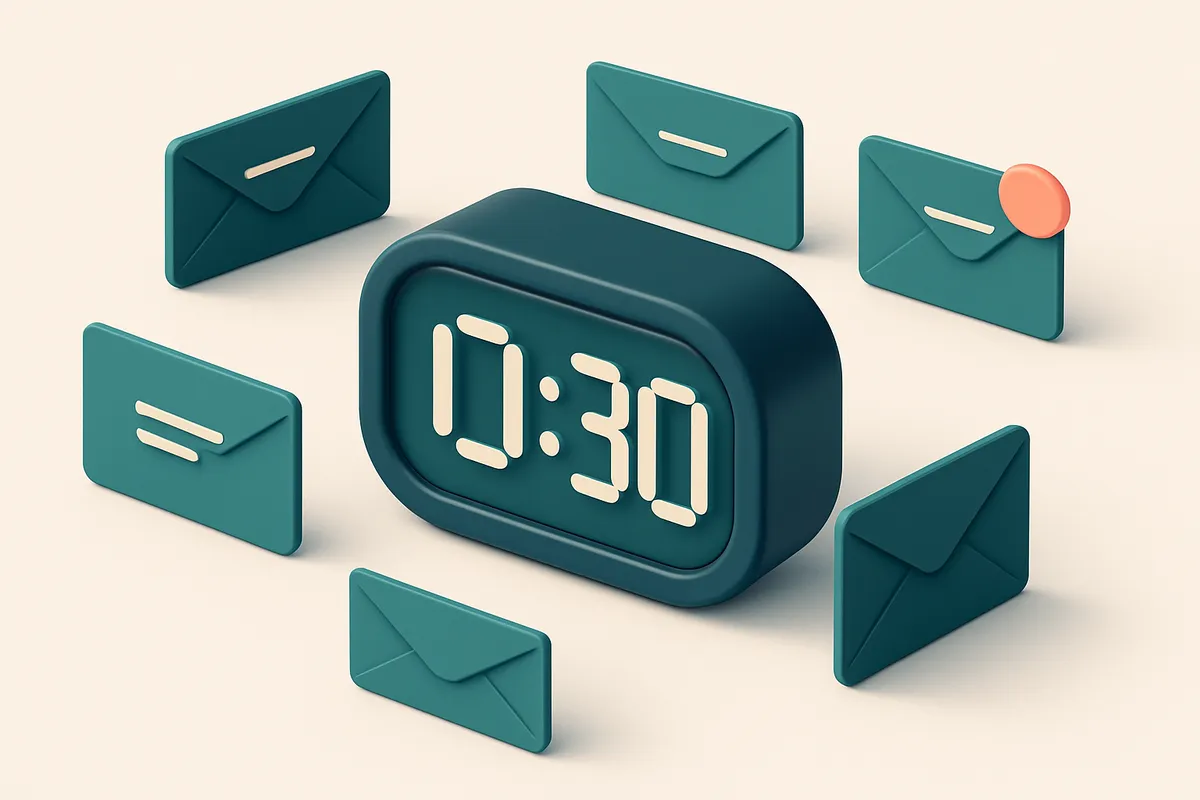 Hero: an isometric illustration of a digital clock surrounded by email envelopes with subject lines, symbolizing timing