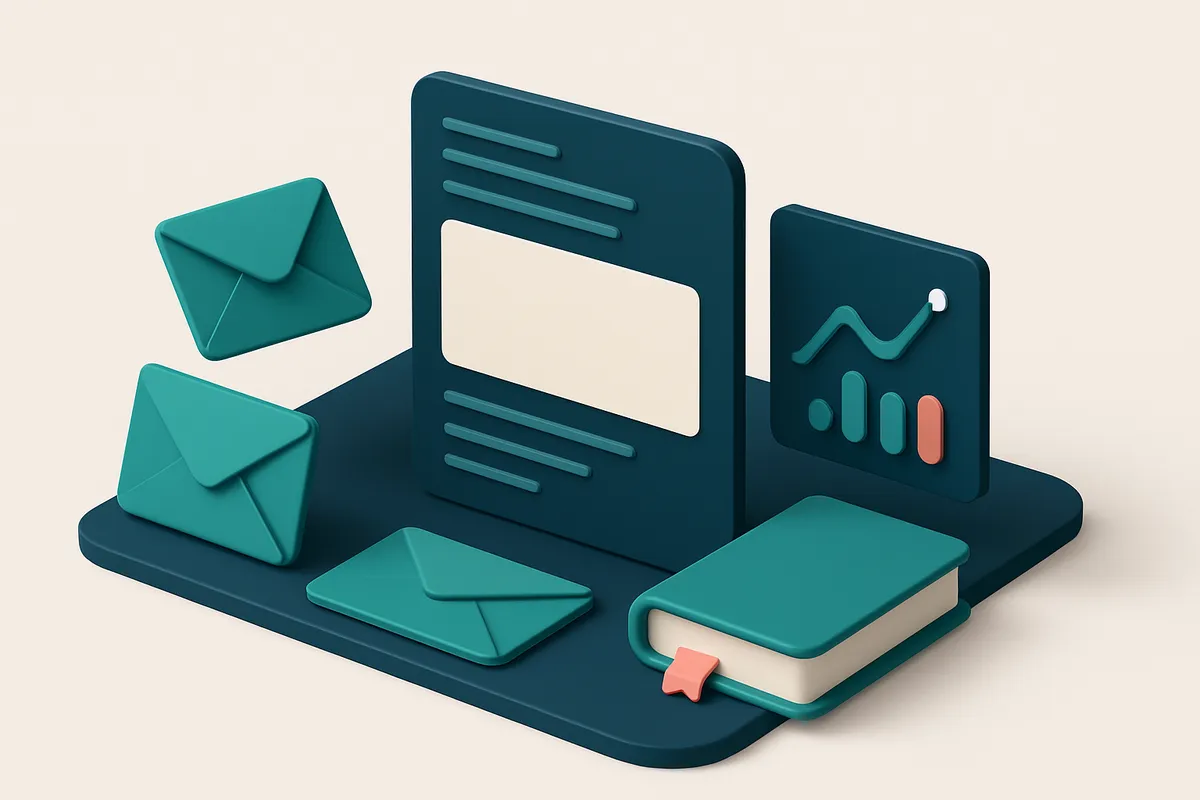 Hero: an isometric scene of a digital newsletter being assembled on a desktop, featuring envelopes symbolizing emails, a