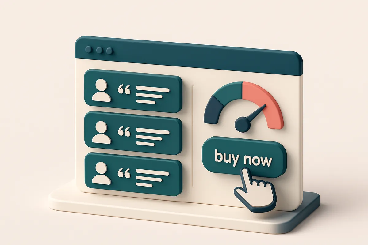Hero: an isometric scene of a service page with highlighted testimonials, a conversion rate gauge, and a cursor clicking