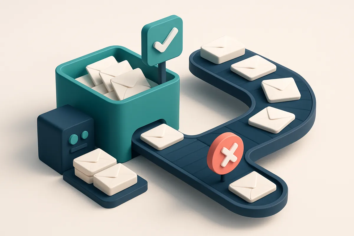 Hero: an isometric email sorting facility with various envelopes being sorted onto a 'successful send' track and a 'boun