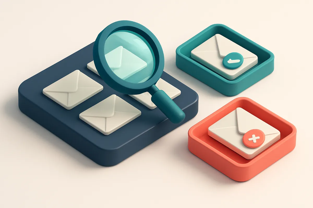 Hero: an isometric view of an email inbox with envelopes being scanned by a high-tech magnifying glass, with a blue 'ver