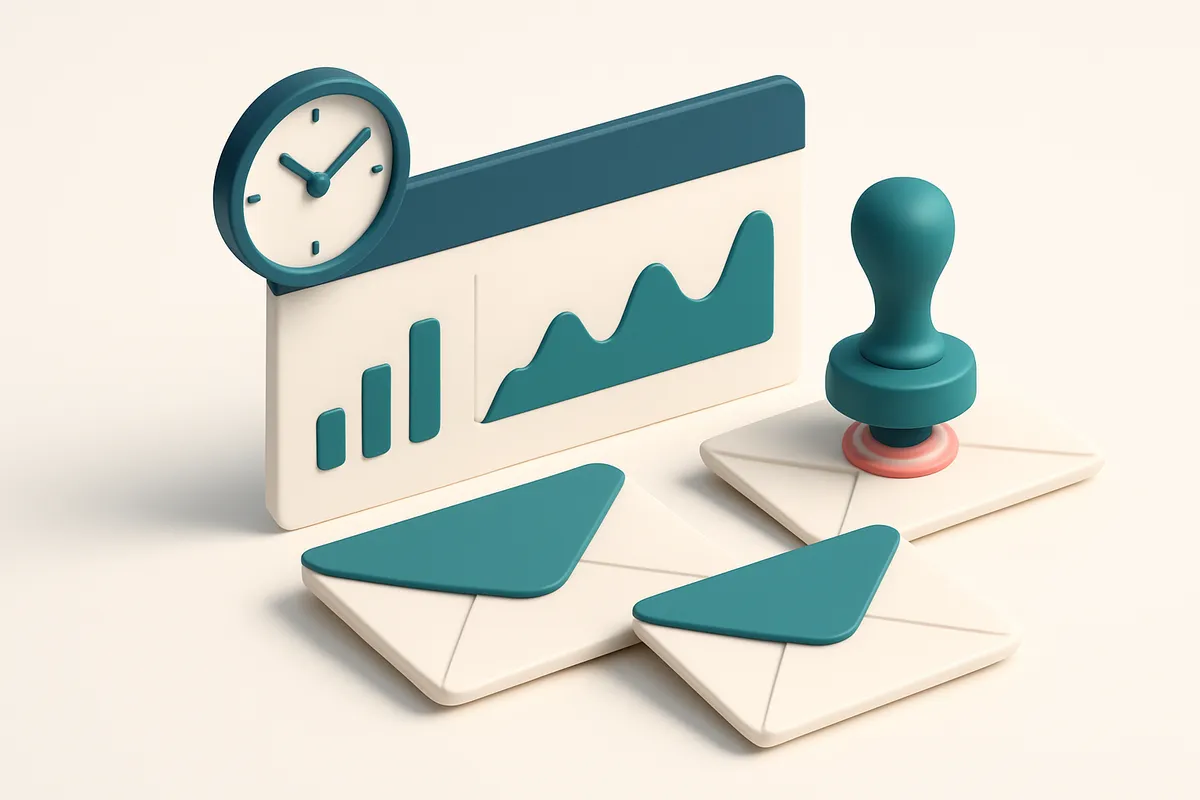 Hero: an isometric email dashboard with a wall clock, envelopes being stamped with timestamps, and analytics graphs show