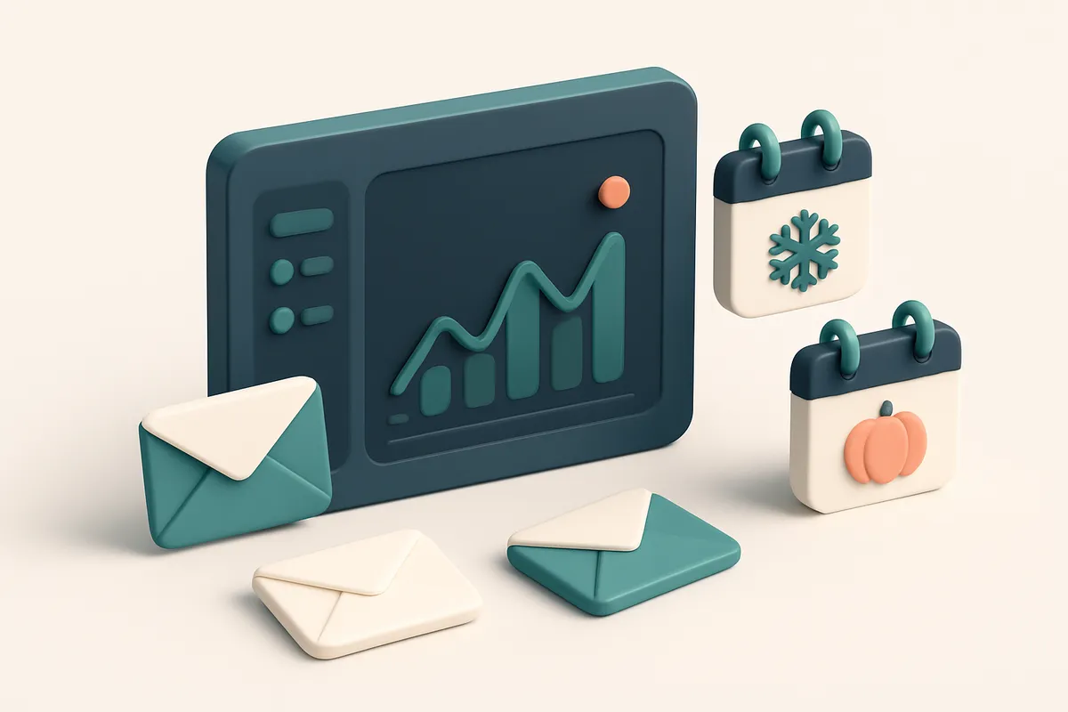 Hero: an isometric scene of an email marketing dashboard showing spikes in engagement, with envelopes and calendar items