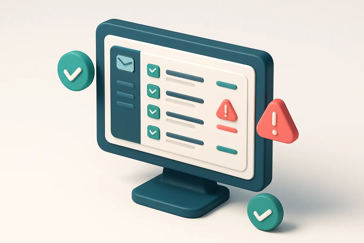 Hero: an isometric email dashboard on a computer screen, with glowing green checkmarks for valid domains and red warning