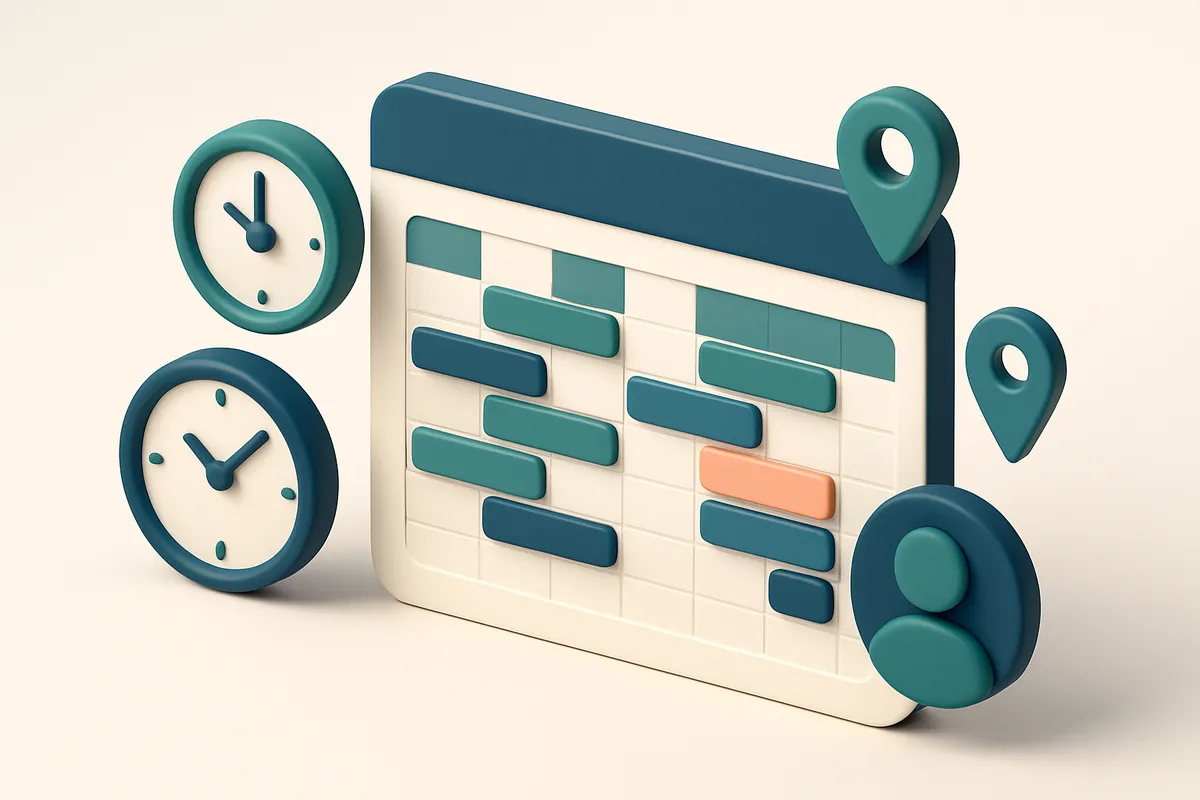 Hero: a 3D isometric illustration of a dashboard displaying varied schedules on a digital calendar, with small clock ico