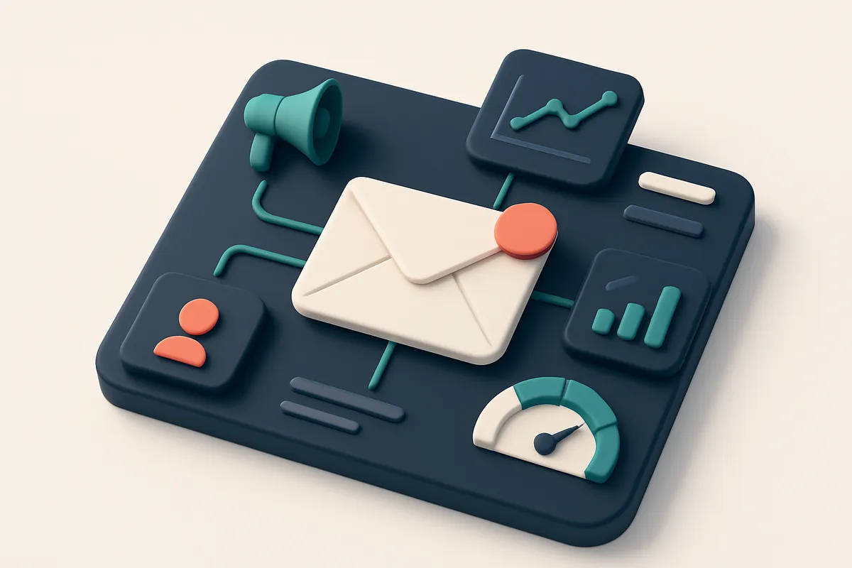 Hero: An isometric scene showing a digital dashboard with an email icon in the center connected to various outreach tool